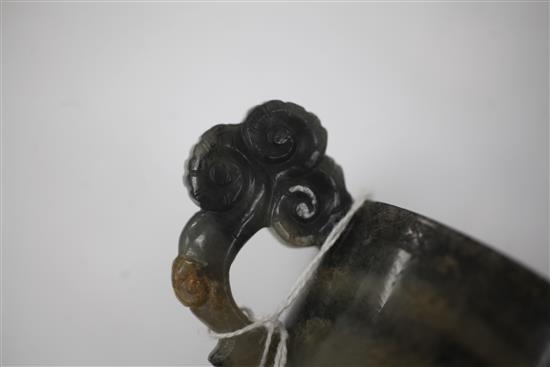 A Chinese grey and black speckled jade two handled cup, 17th/18th century, width 13.3cm